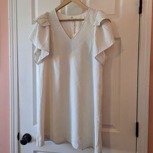 Entro Adele Pearl Shoulder Dress with Ruffled Sleeves- Cream Colored (Small)